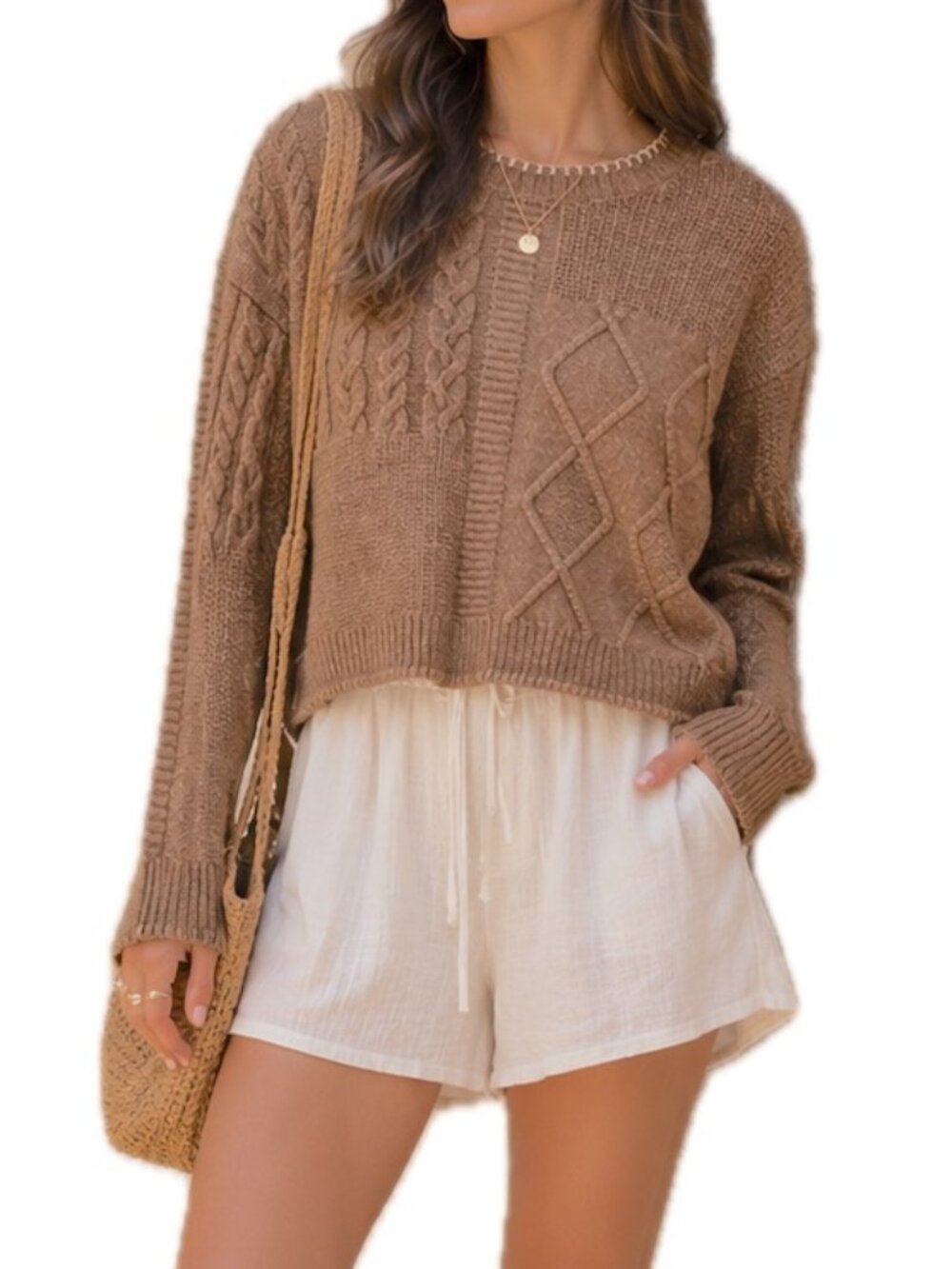 Rachel Zoe Women's Tan Cable Knit Crew Neck Long Sleeve Sweater NEW